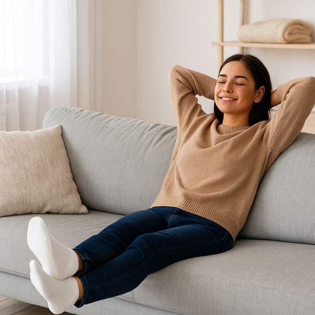 Woman enjoying MOLOSOC on sofa