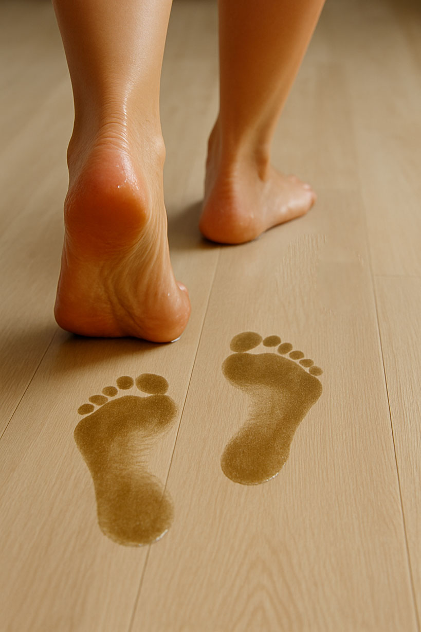Oily footprints on floor after applying cream